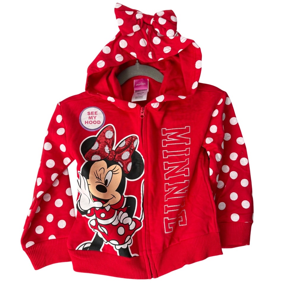 Disney Kids 3T Minnie Mouse Hoodie Red Polka Dot Sequin Bow 3D Ears Disneycore
